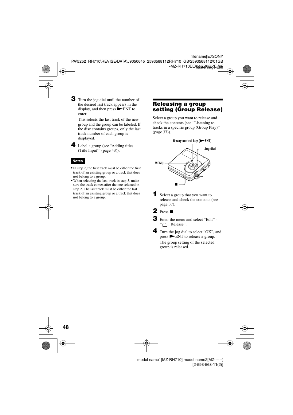 Releasing a group setting (group release) | Sony Portable MD Recorder MZ-RH710 User Manual | Page 48 / 115