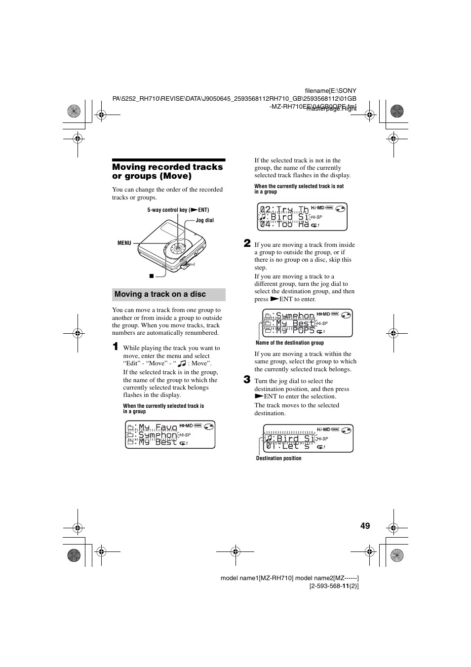 Moving recorded tracks or groups (move), Moving a track on a disc, 49 moving recorded tracks or groups (move) | Sony Portable MD Recorder MZ-RH710 User Manual | Page 49 / 115