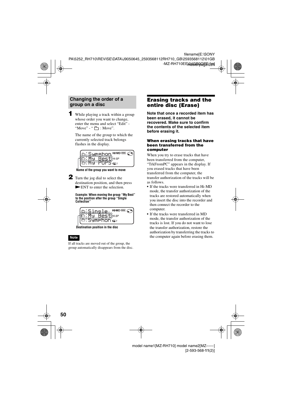 Changing the order of a group on a disc, Erasing tracks and the entire disc (erase) | Sony Portable MD Recorder MZ-RH710 User Manual | Page 50 / 115