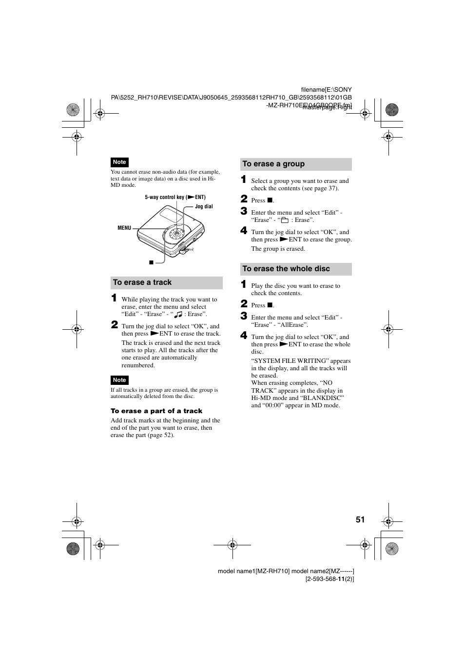 To erase a track, To erase a group, To erase the whole disc | Sony Portable MD Recorder MZ-RH710 User Manual | Page 51 / 115