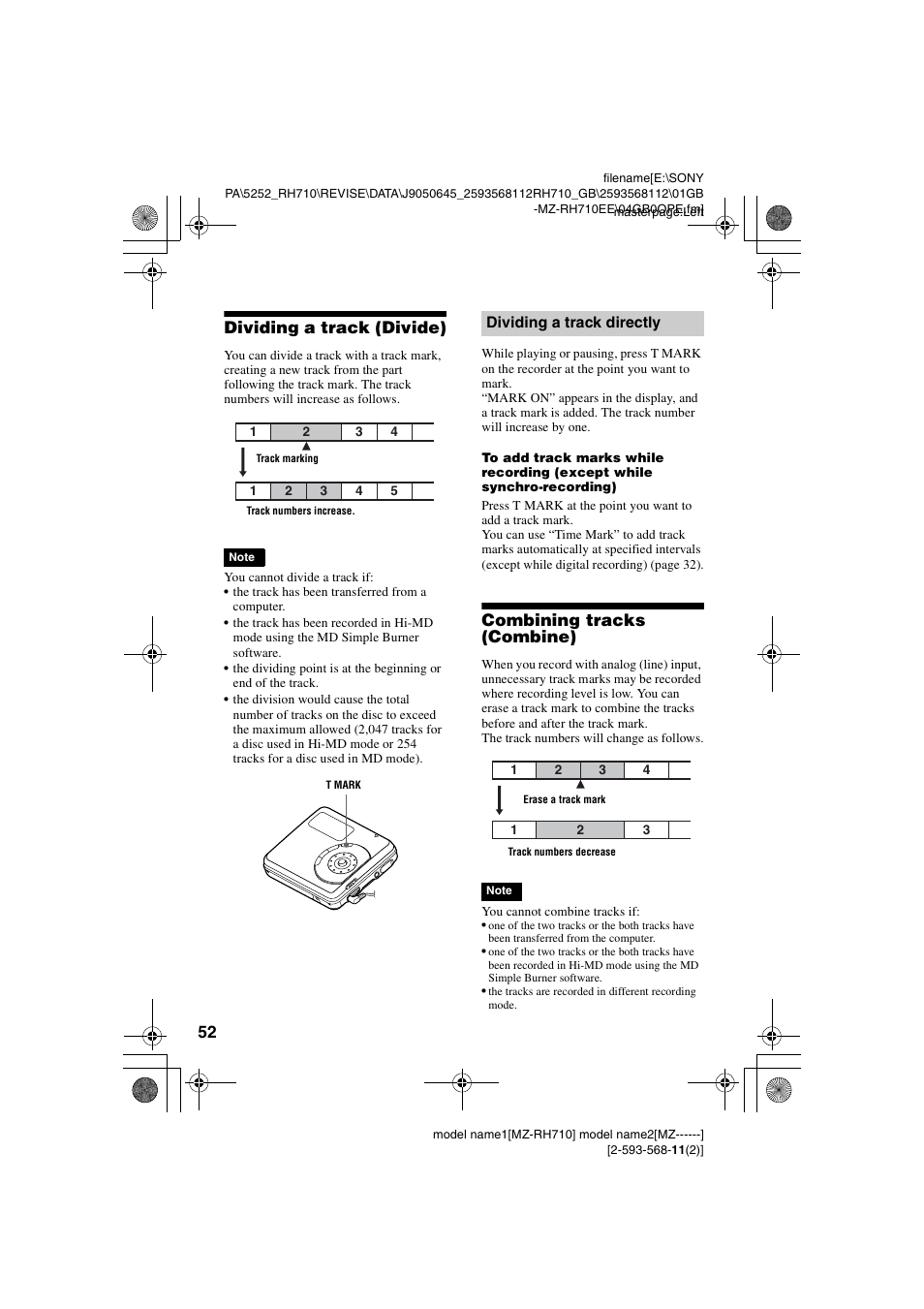 Dividing a track (divide), Dividing a track directly, Combining tracks (combine) | Sony Portable MD Recorder MZ-RH710 User Manual | Page 52 / 115