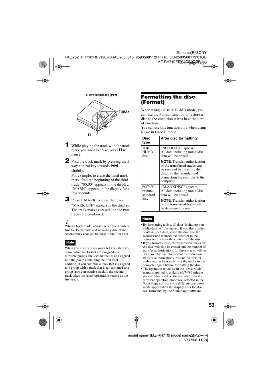 Formatting the disc (format) | Sony Portable MD Recorder MZ-RH710 User Manual | Page 53 / 115
