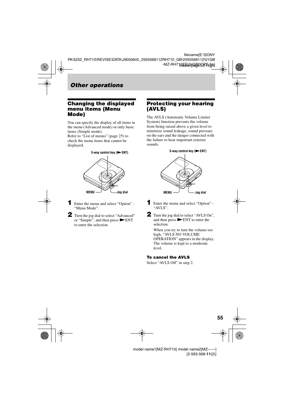 Other operations, Changing the displayed menu items (menu mode), Protecting your hearing (avls) | Sony Portable MD Recorder MZ-RH710 User Manual | Page 55 / 115
