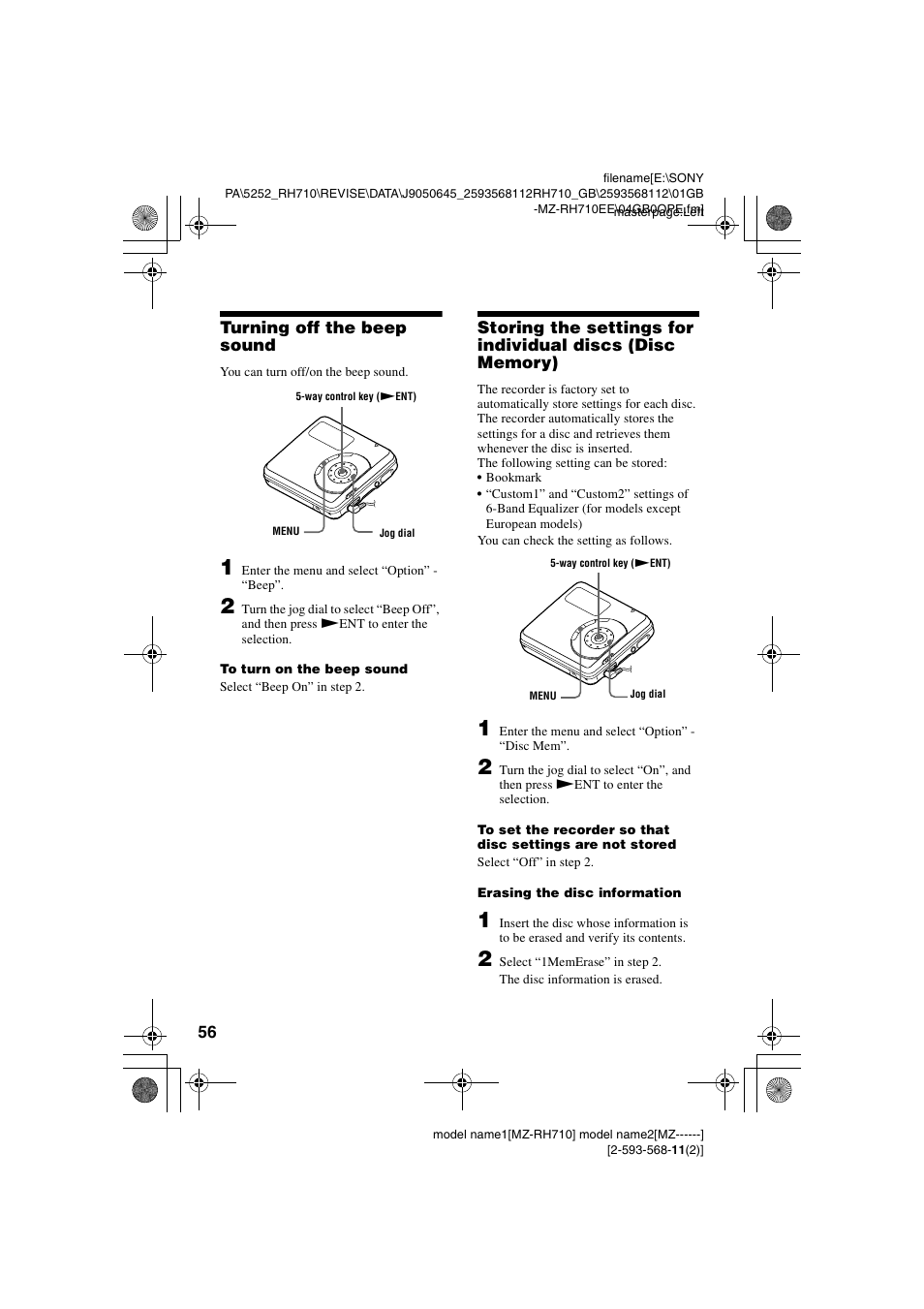 Turning off the beep sound | Sony Portable MD Recorder MZ-RH710 User Manual | Page 56 / 115