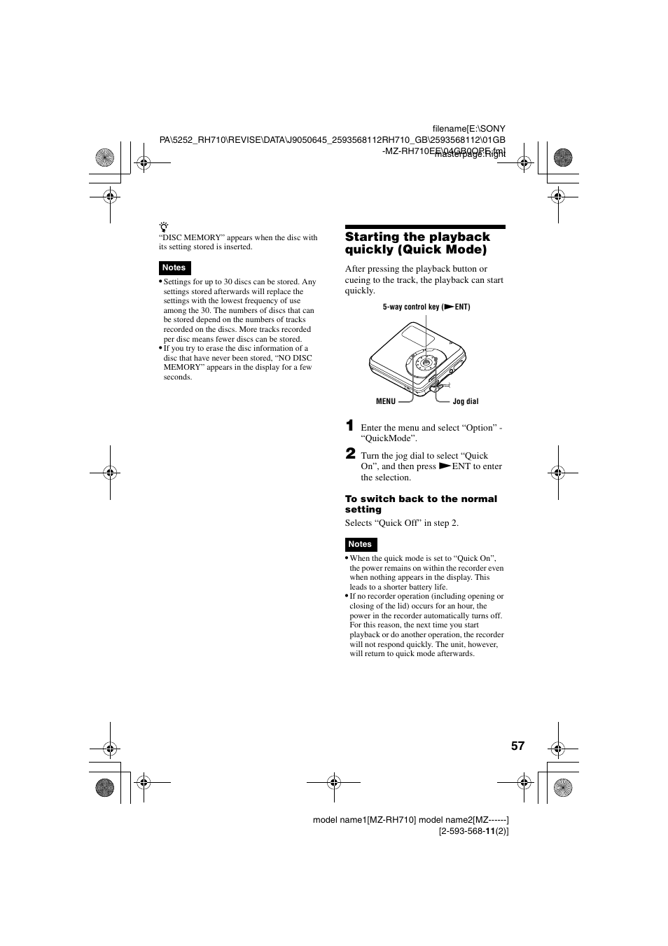 Starting the playback quickly (quick mode) | Sony Portable MD Recorder MZ-RH710 User Manual | Page 57 / 115