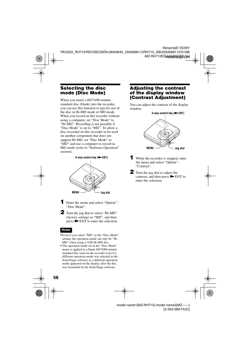 Selecting the disc mode (disc mode) | Sony Portable MD Recorder MZ-RH710 User Manual | Page 58 / 115