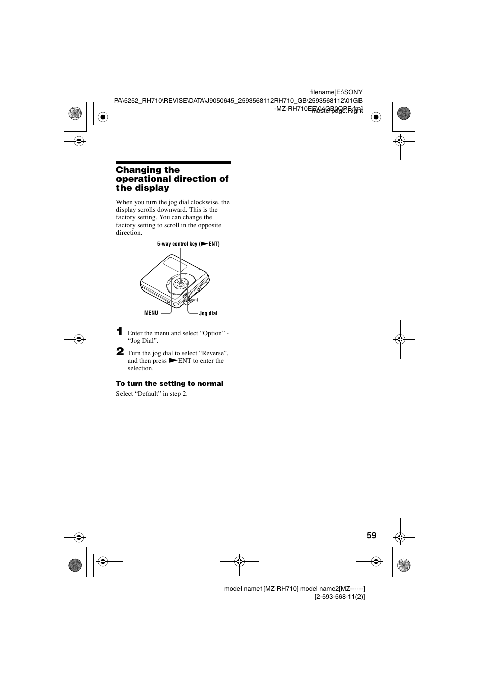 Changing the operational direction of the display | Sony Portable MD Recorder MZ-RH710 User Manual | Page 59 / 115