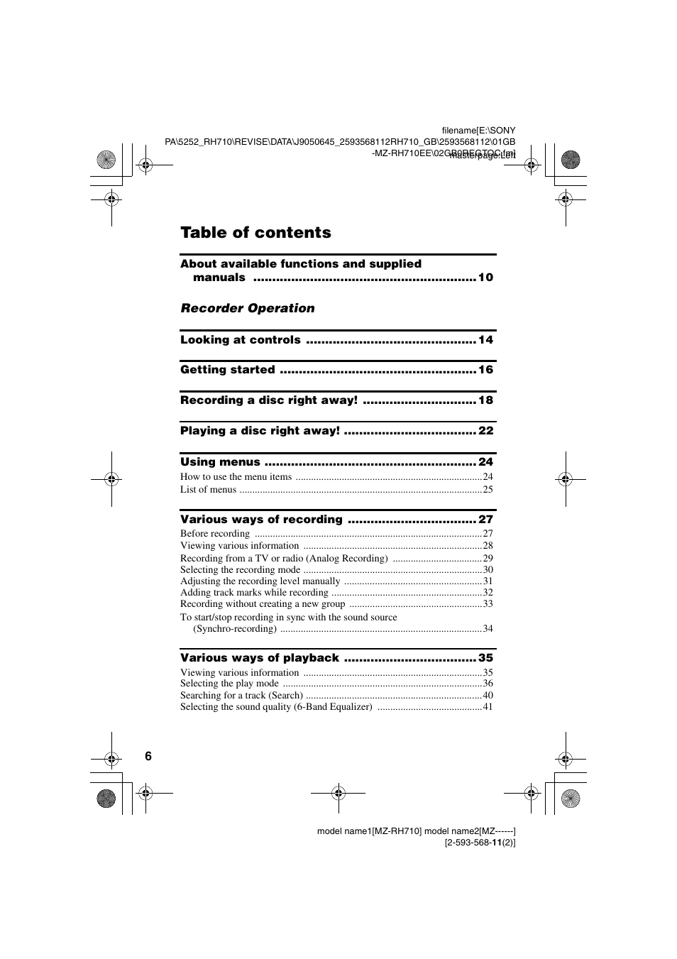 Sony Portable MD Recorder MZ-RH710 User Manual | Page 6 / 115