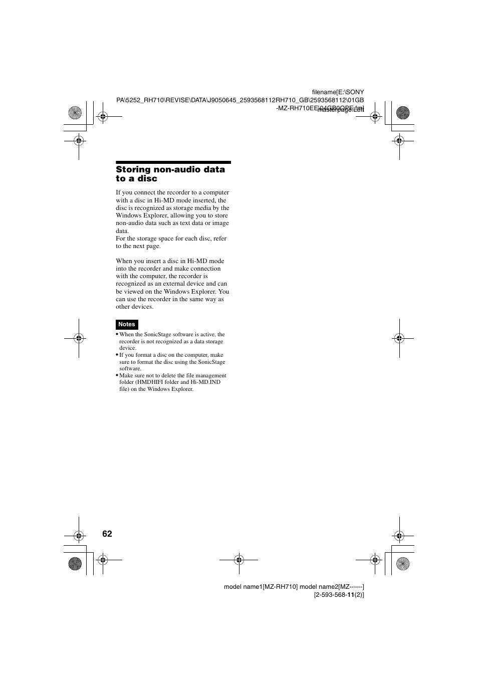 Storing non-audio data to a disc | Sony Portable MD Recorder MZ-RH710 User Manual | Page 62 / 115