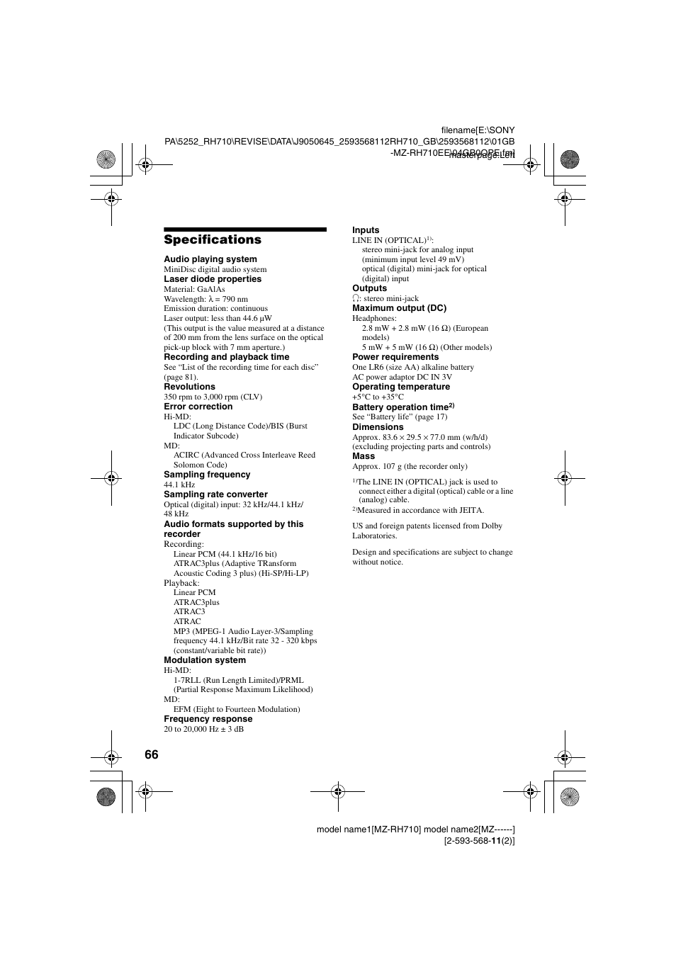 Specifications | Sony Portable MD Recorder MZ-RH710 User Manual | Page 66 / 115