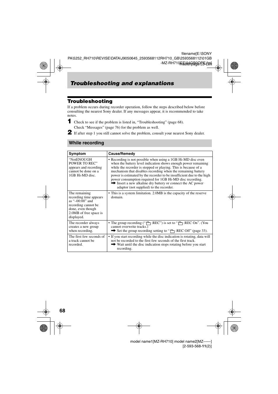 Troubleshooting and explanations, Troubleshooting, While recording | Sony Portable MD Recorder MZ-RH710 User Manual | Page 68 / 115