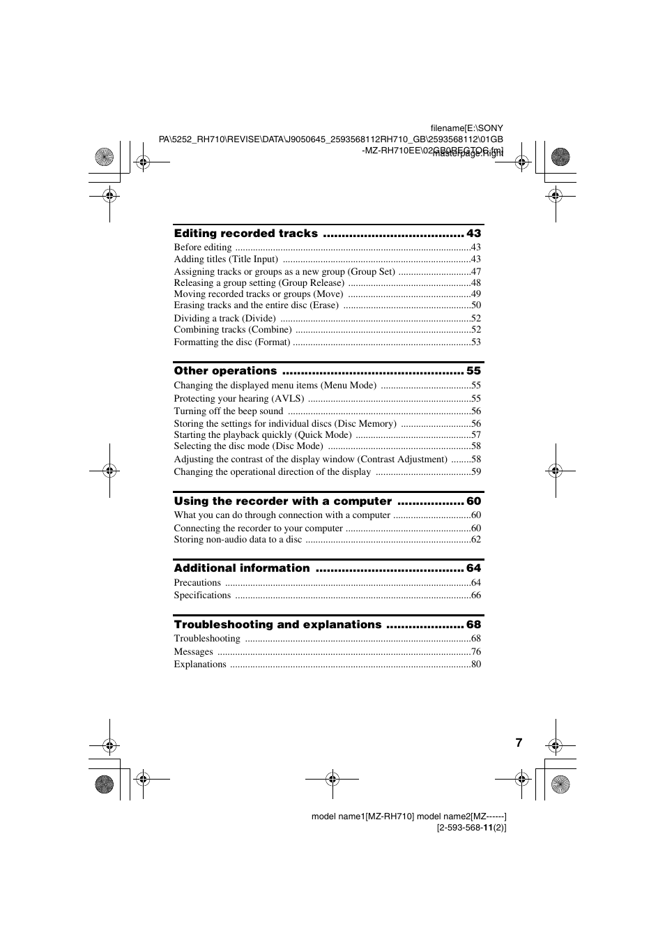 Sony Portable MD Recorder MZ-RH710 User Manual | Page 7 / 115