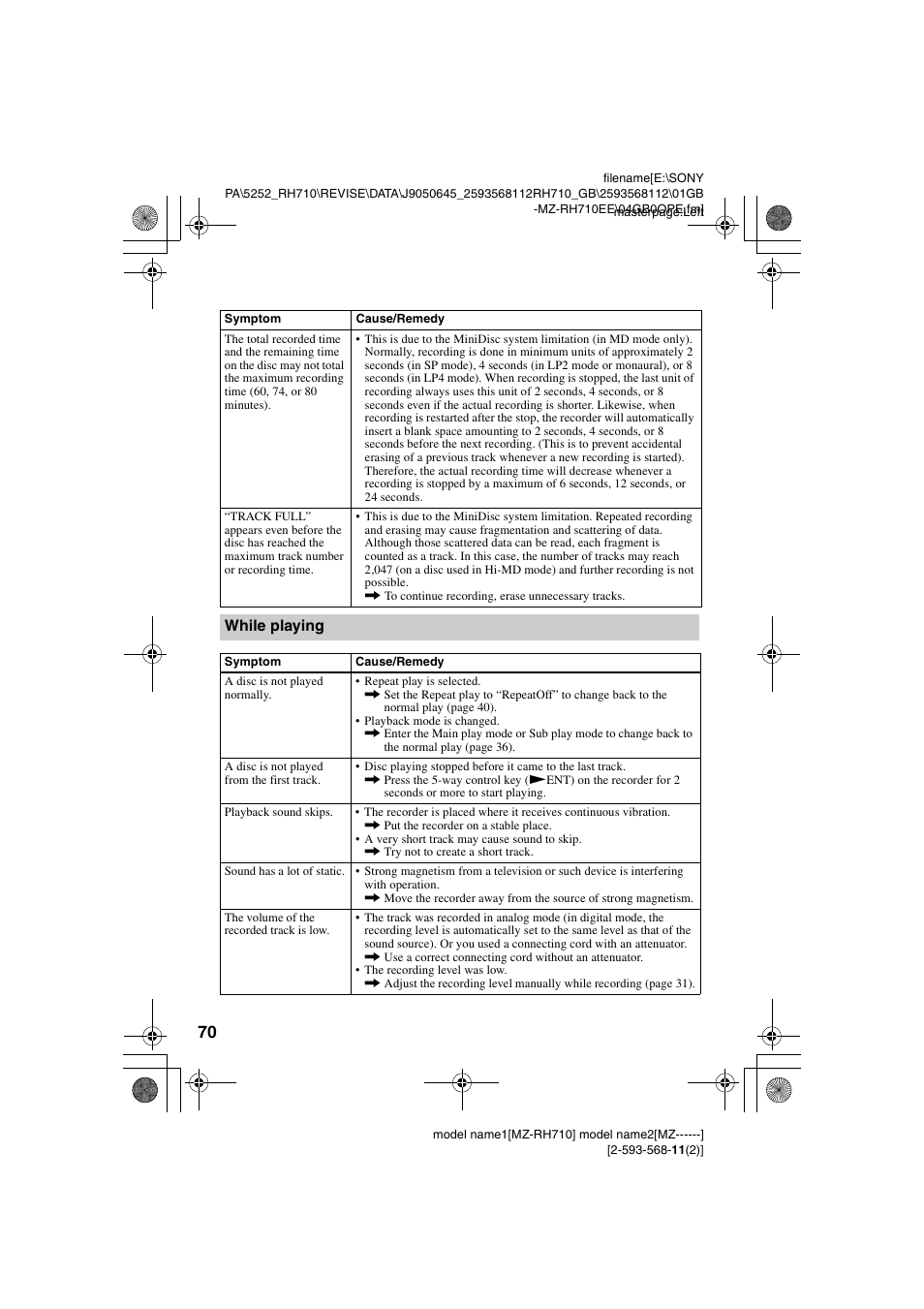 While playing | Sony Portable MD Recorder MZ-RH710 User Manual | Page 70 / 115