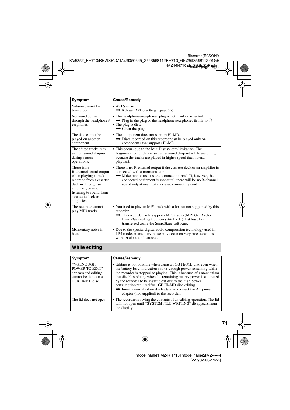 While editing | Sony Portable MD Recorder MZ-RH710 User Manual | Page 71 / 115