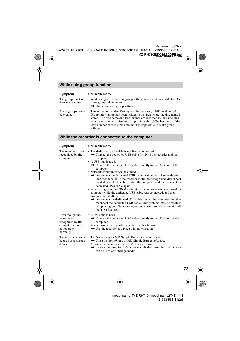While using group function, While the recorder is connected to the computer | Sony Portable MD Recorder MZ-RH710 User Manual | Page 73 / 115