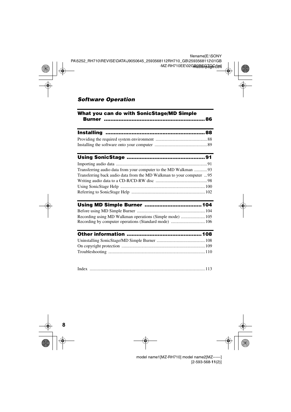 Software operation | Sony Portable MD Recorder MZ-RH710 User Manual | Page 8 / 115