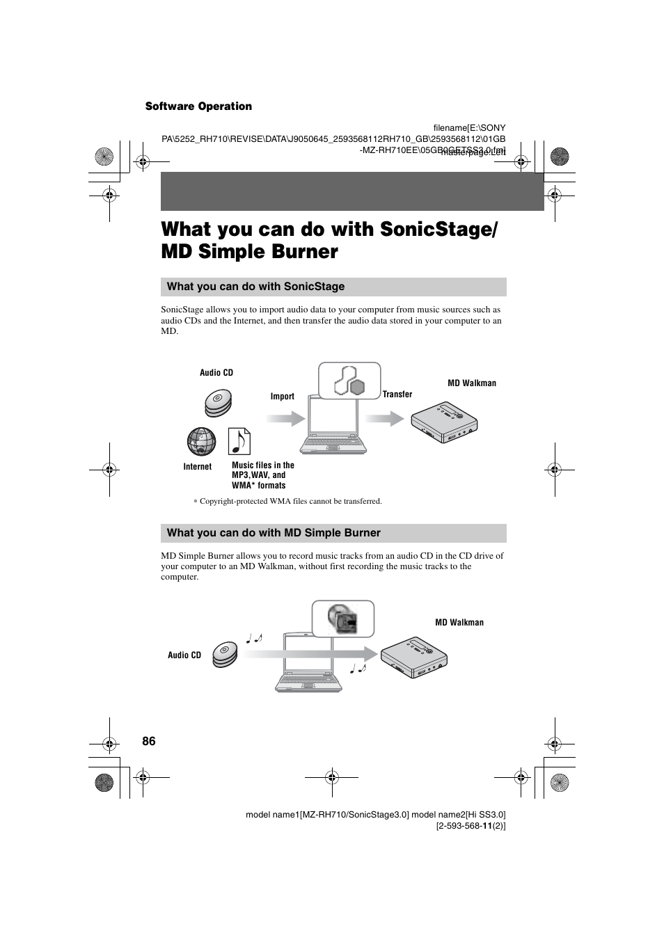 Software operation, What you can do with sonicstage/ md simple burner, What you can do with sonicstage | What you can do with md simple burner, What you can do with sonicstage/md simple, Burner, Software operation”) | Sony Portable MD Recorder MZ-RH710 User Manual | Page 86 / 115