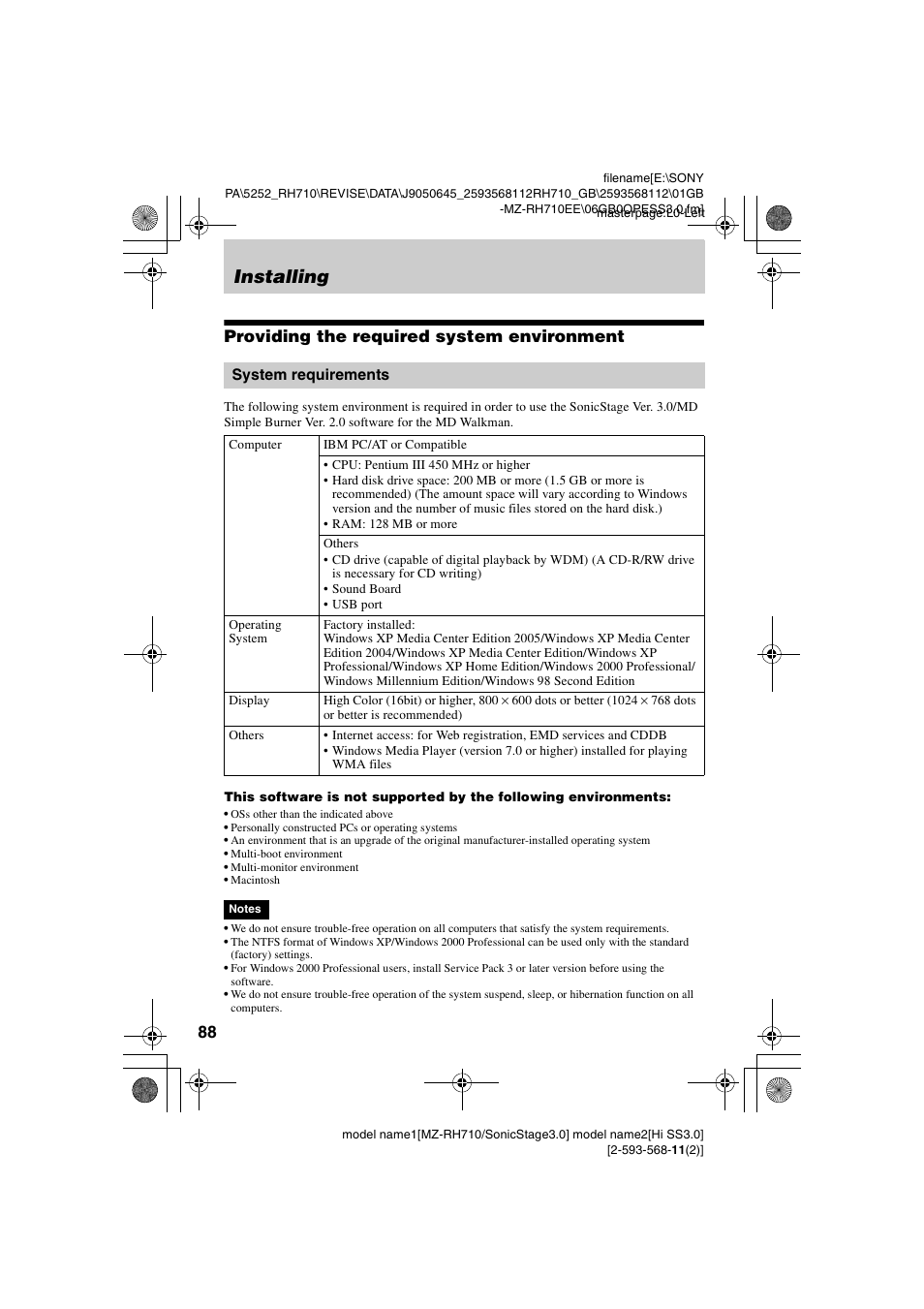 Installing, Providing the required system environment, System requirements | Sony Portable MD Recorder MZ-RH710 User Manual | Page 88 / 115