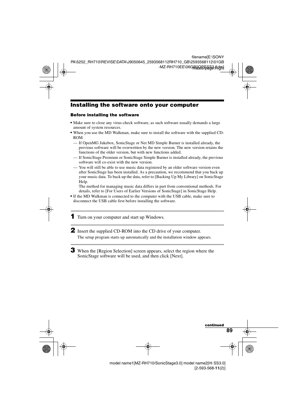 Installing the software onto your computer | Sony Portable MD Recorder MZ-RH710 User Manual | Page 89 / 115
