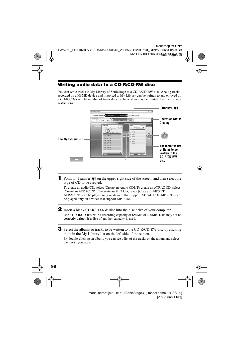 Writing audio data to a cd-r/cd-rw disc | Sony Portable MD Recorder MZ-RH710 User Manual | Page 98 / 115