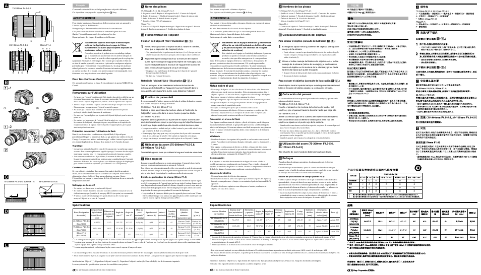 Rear side, Avertissement, Pour les clients au canada | Remarques sur l’utilisation, Noms des pièces, Fixation/retrait de l’objectif, Fixation du pare-soleil, Mise au point, Advertencia, Notas sobre el uso | Sony SAL-24105 User Manual | Page 2 / 2