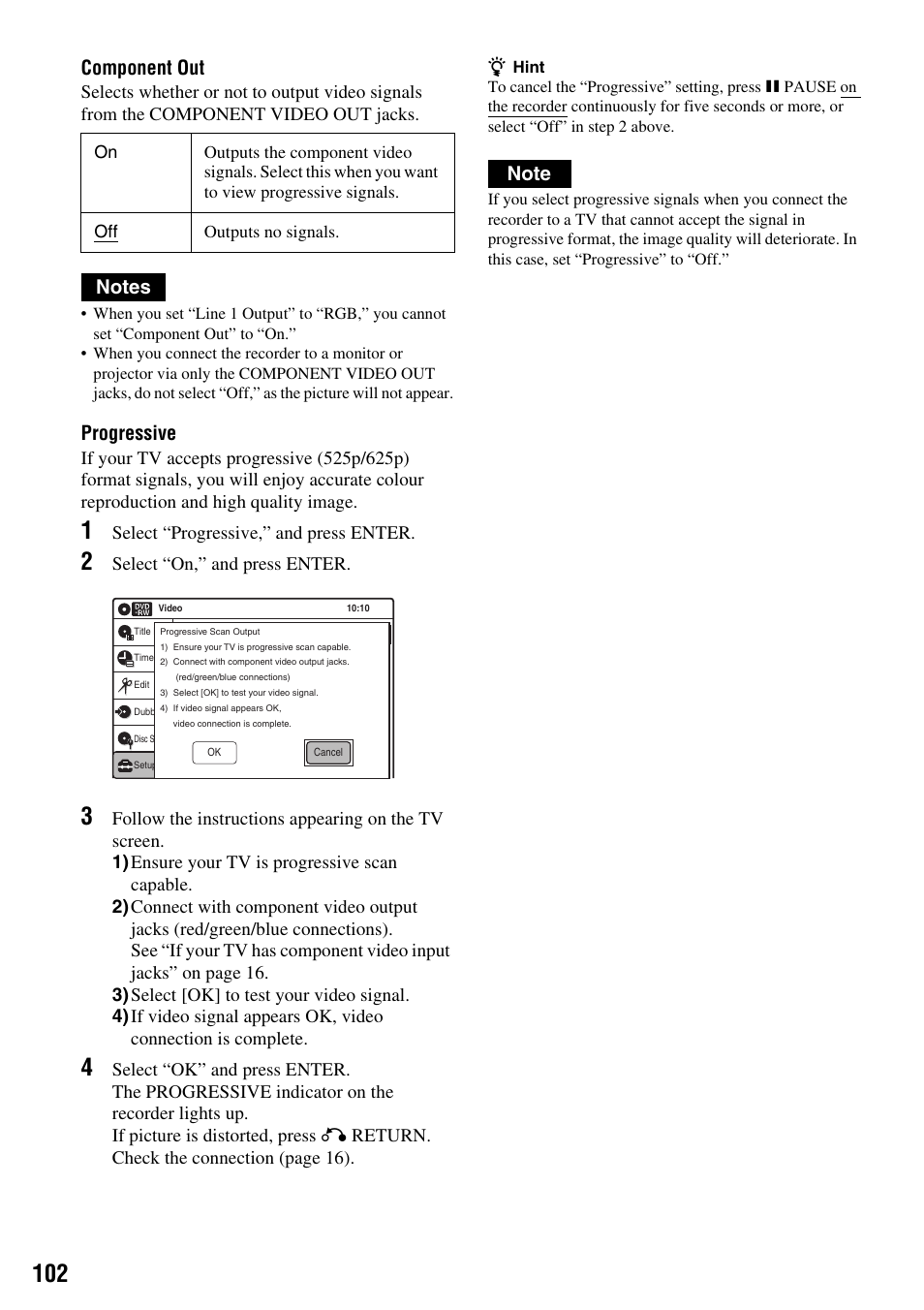 Component out, Progressive, Select “progressive,” and press enter | Select “on,” and press enter | Sony RDR-VX410 User Manual | Page 102 / 128