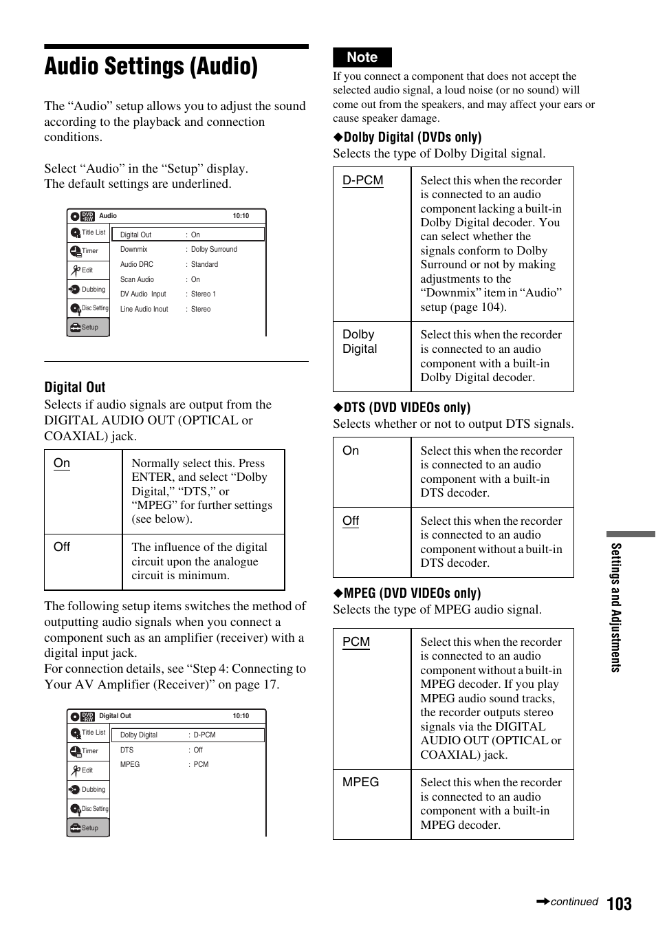 Audio settings (audio), Digital out | Sony RDR-VX410 User Manual | Page 103 / 128