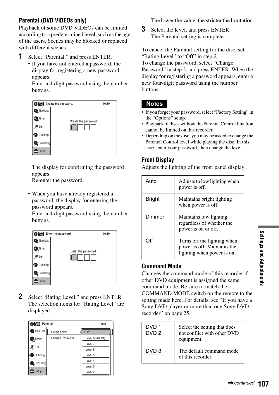 Parental (dvd videos only), Front display, Command mode | Adjusts the lighting of the front panel display | Sony RDR-VX410 User Manual | Page 107 / 128