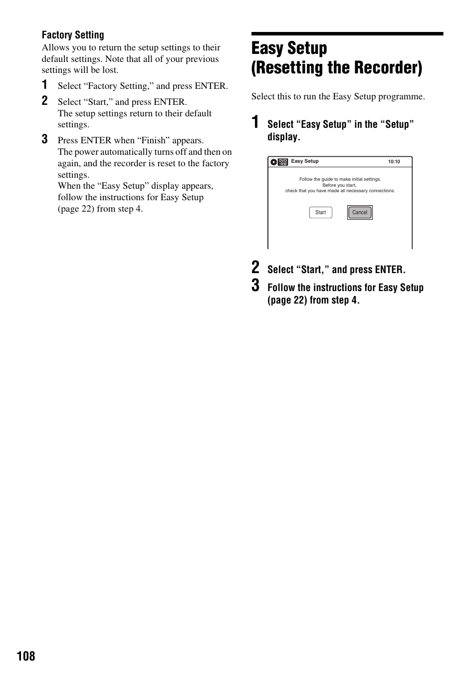 Easy setup (resetting the recorder) | Sony RDR-VX410 User Manual | Page 108 / 128