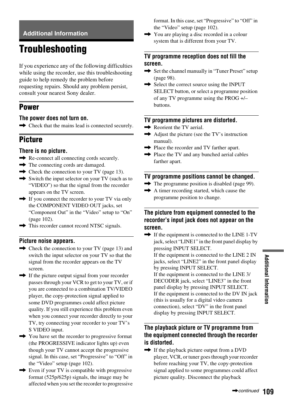 Additional information, Troubleshooting, Power | Picture | Sony RDR-VX410 User Manual | Page 109 / 128