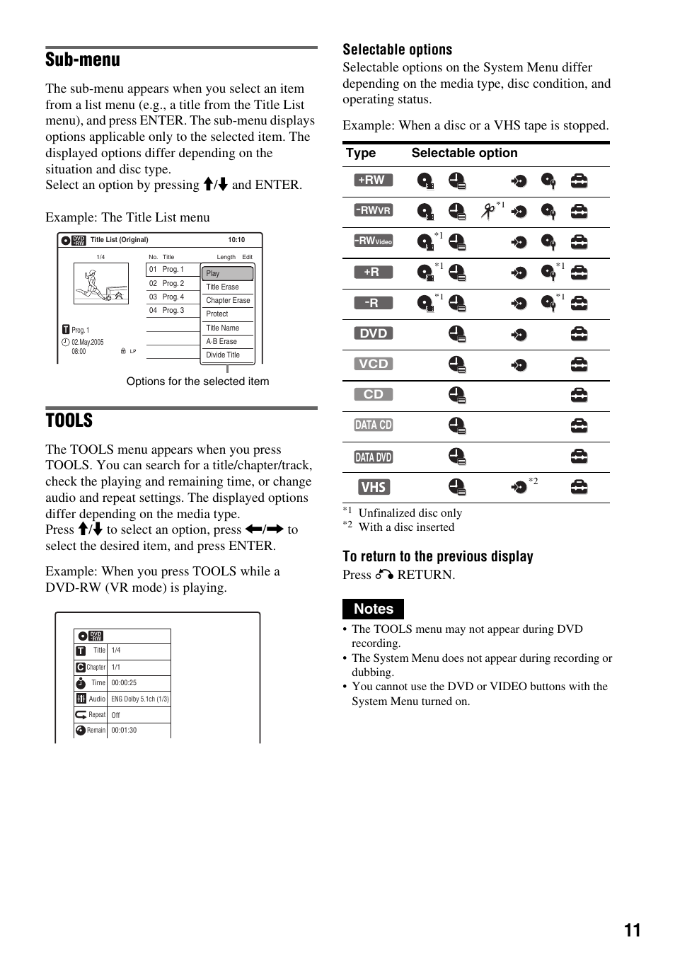 Sub-menu, Tools, Selectable options | Press o return, Type selectable option | Sony RDR-VX410 User Manual | Page 11 / 128