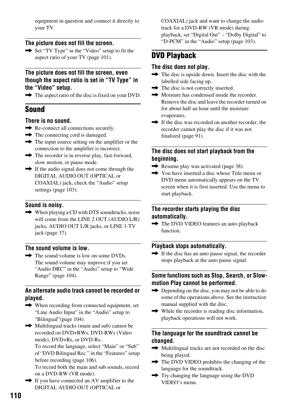 Sound, Dvd playback | Sony RDR-VX410 User Manual | Page 110 / 128