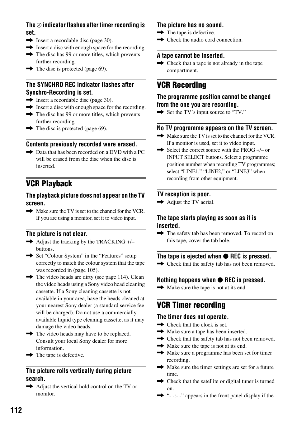 Vcr playback, Vcr recording, Vcr timer recording | Sony RDR-VX410 User Manual | Page 112 / 128