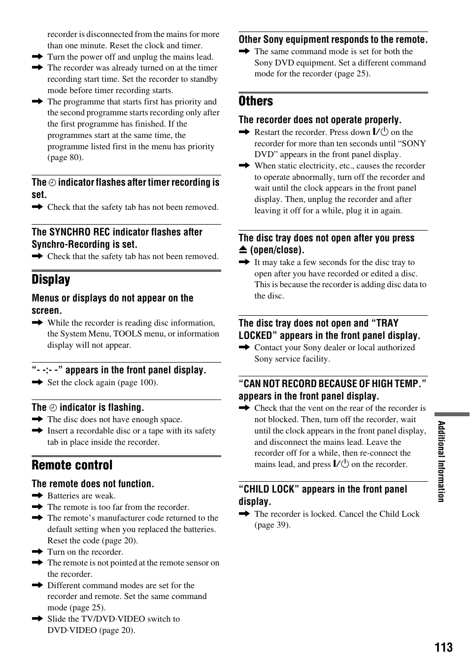 Display, Remote control, Others | Sony RDR-VX410 User Manual | Page 113 / 128