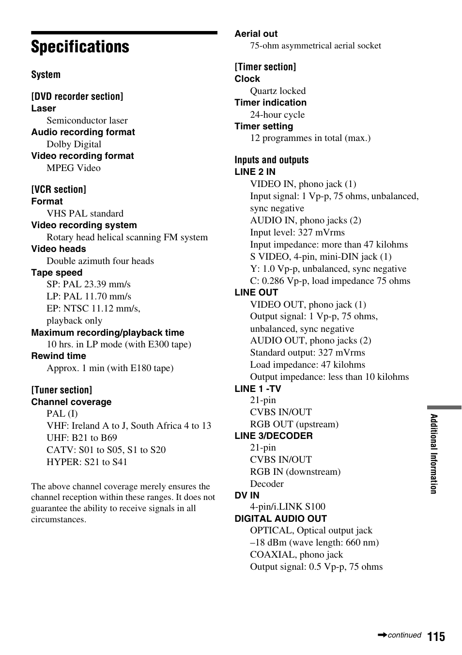 Specifications | Sony RDR-VX410 User Manual | Page 115 / 128