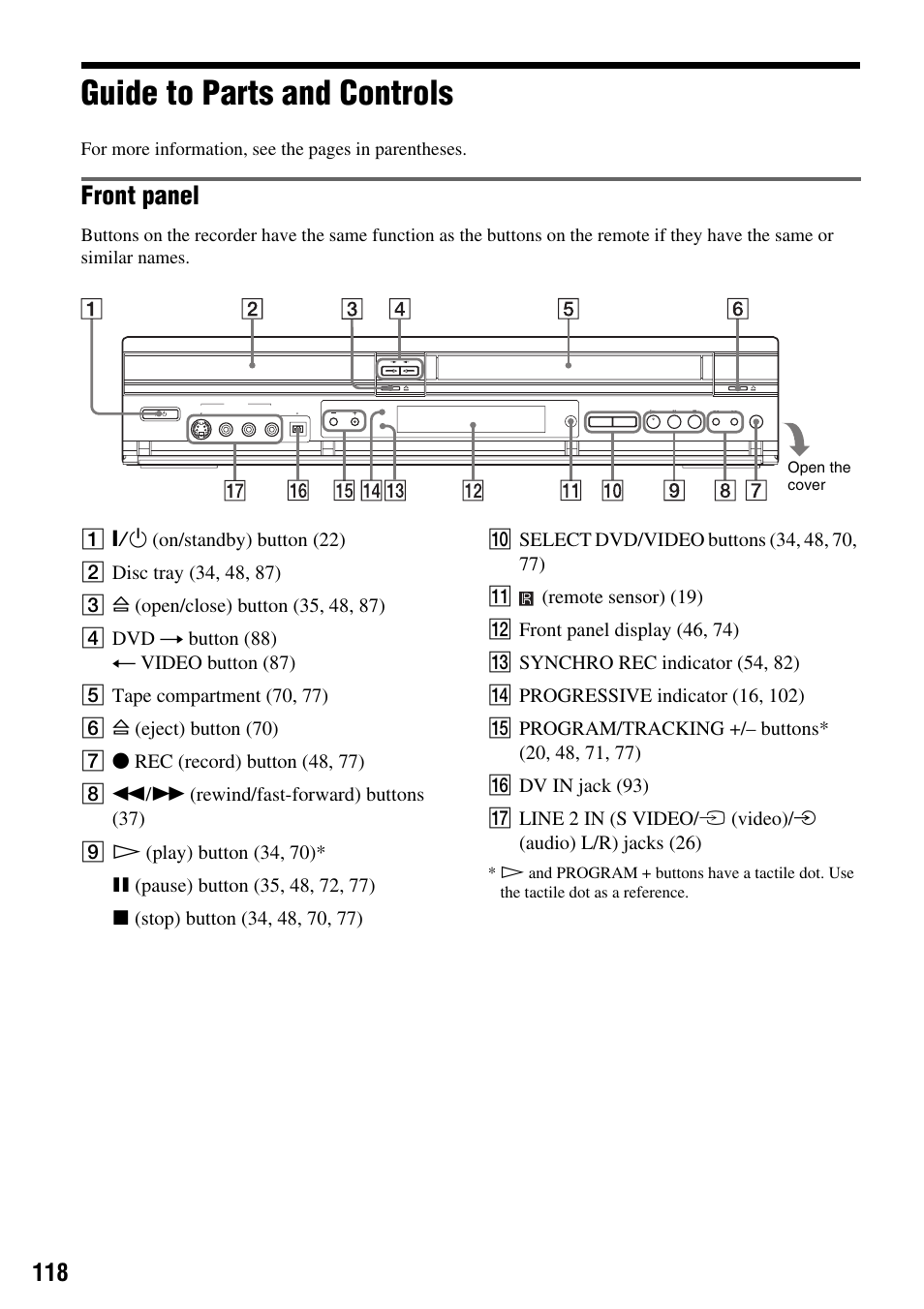 Guide to parts and controls, Front panel | Sony RDR-VX410 User Manual | Page 118 / 128