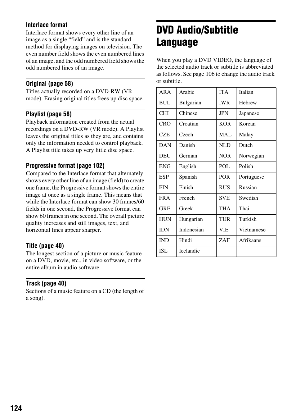 Dvd audio/subtitle language | Sony RDR-VX410 User Manual | Page 124 / 128