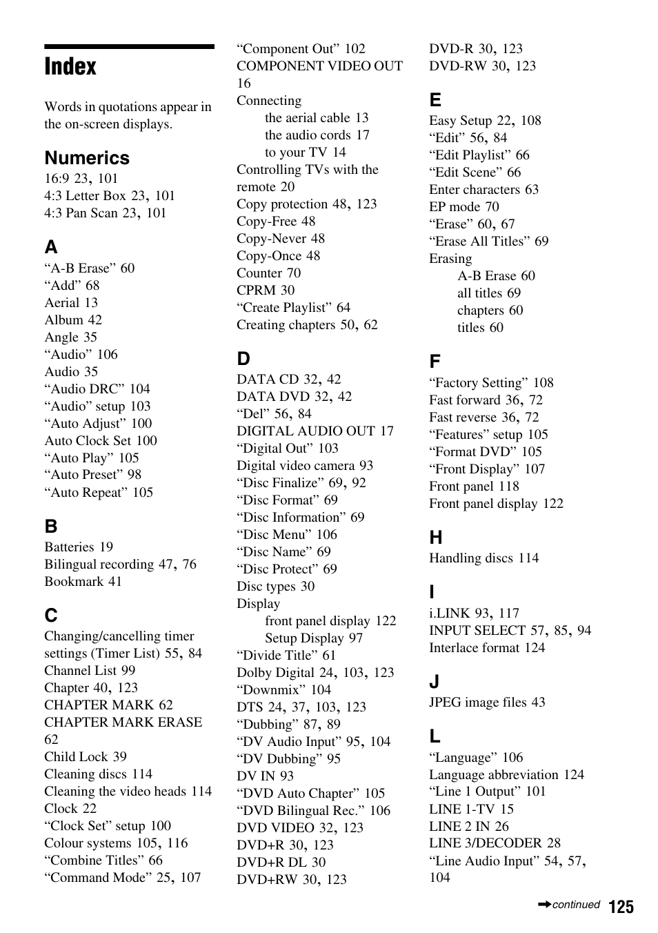 Index, Numerics | Sony RDR-VX410 User Manual | Page 125 / 128