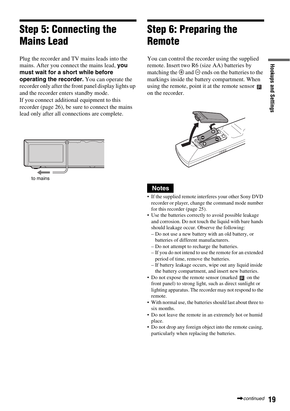 Step 5: connecting the mains lead, Step 6: preparing the remote | Sony RDR-VX410 User Manual | Page 19 / 128