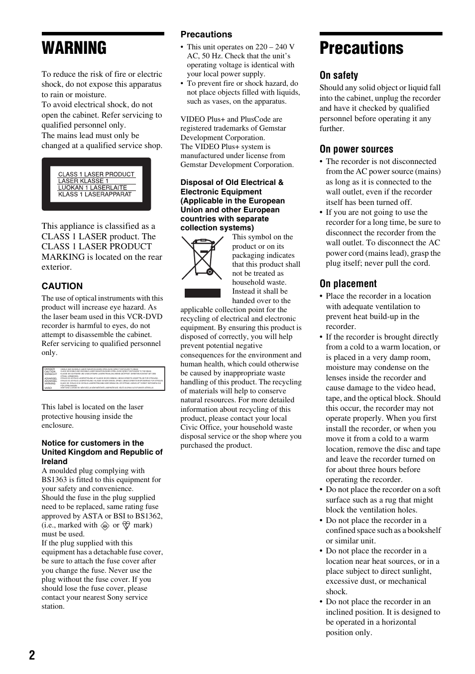 Warning, Precautions, On safety | On power sources, On placement | Sony RDR-VX410 User Manual | Page 2 / 128