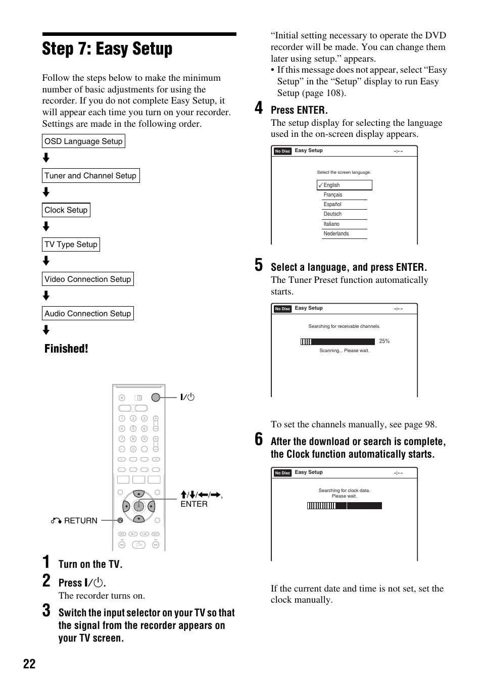 Step 7: easy setup, Finished | Sony RDR-VX410 User Manual | Page 22 / 128