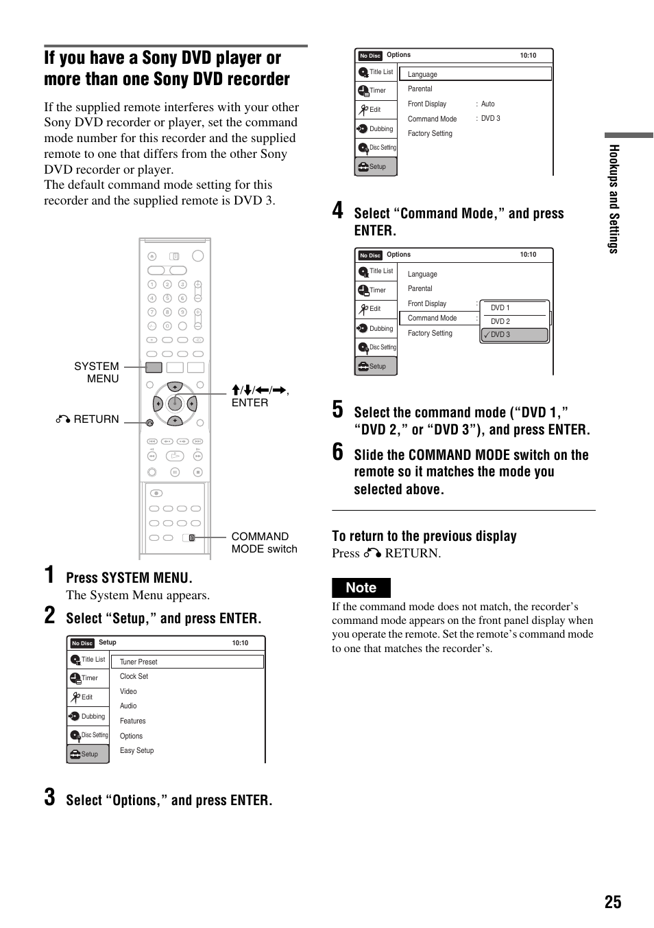 Press system menu, Select “setup,” and press enter, Select “options,” and press enter | Select “command mode,” and press enter, The system menu appears, Press o return | Sony RDR-VX410 User Manual | Page 25 / 128