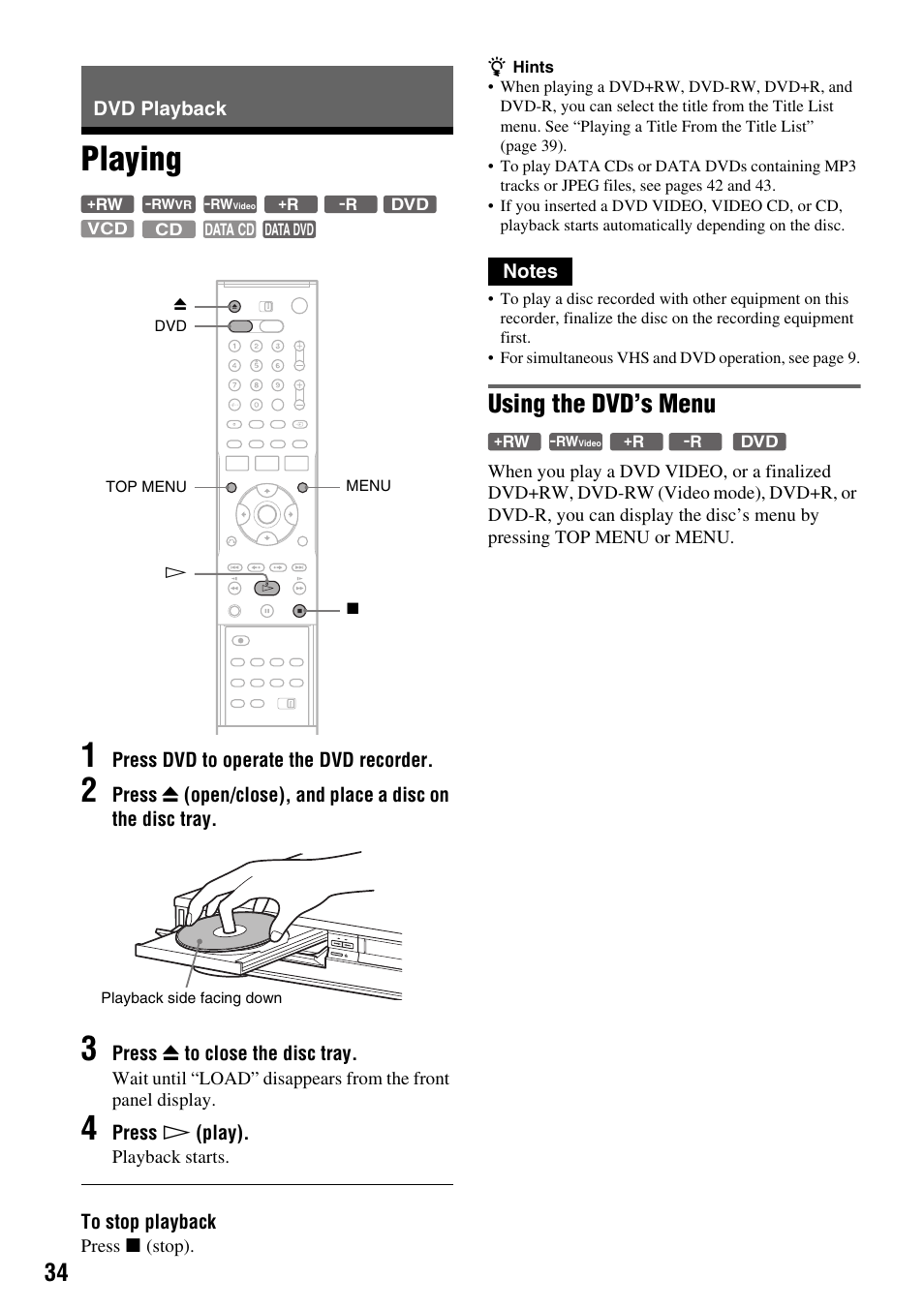 Dvd playback, Playing, Playing 1 | Using the dvd’s menu | Sony RDR-VX410 User Manual | Page 34 / 128