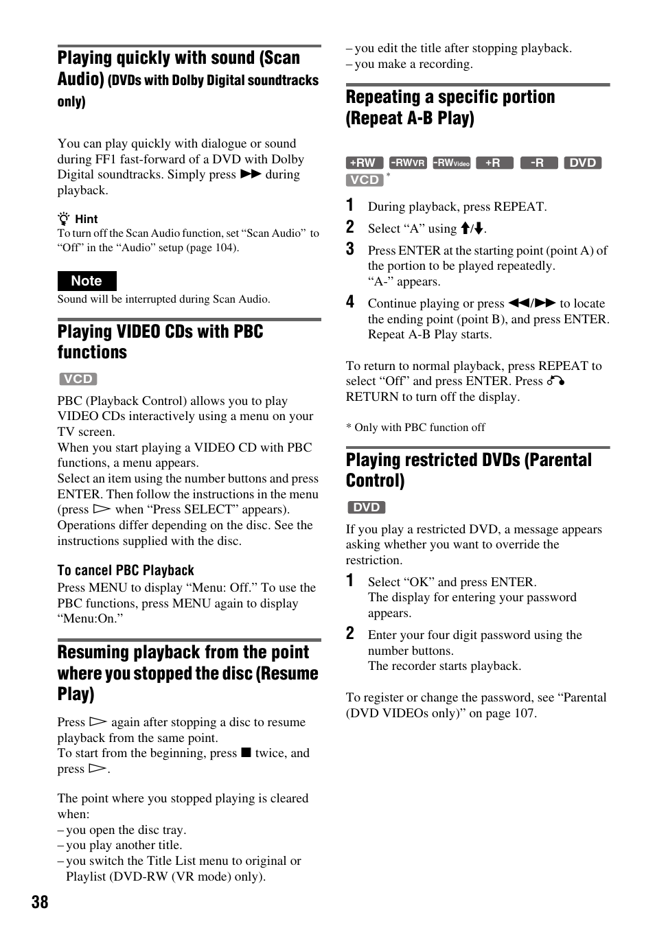 Playing quickly with sound (scan audio), Playing video cds with pbc functions, Repeating a specific portion (repeat a-b play) | Playing restricted dvds (parental control) | Sony RDR-VX410 User Manual | Page 38 / 128