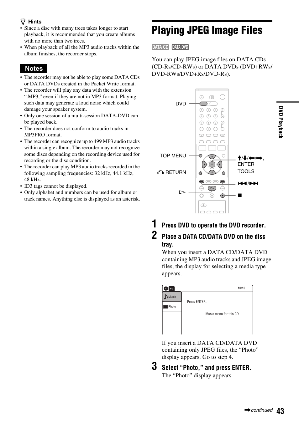 Playing jpeg image files | Sony RDR-VX410 User Manual | Page 43 / 128