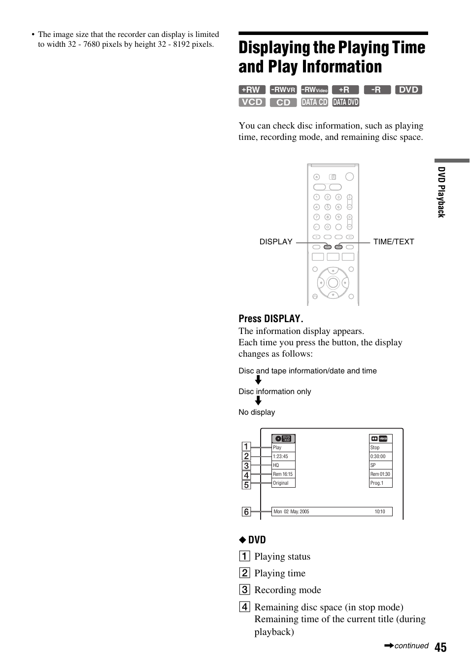 Displaying the playing time and play information, Press display | Sony RDR-VX410 User Manual | Page 45 / 128