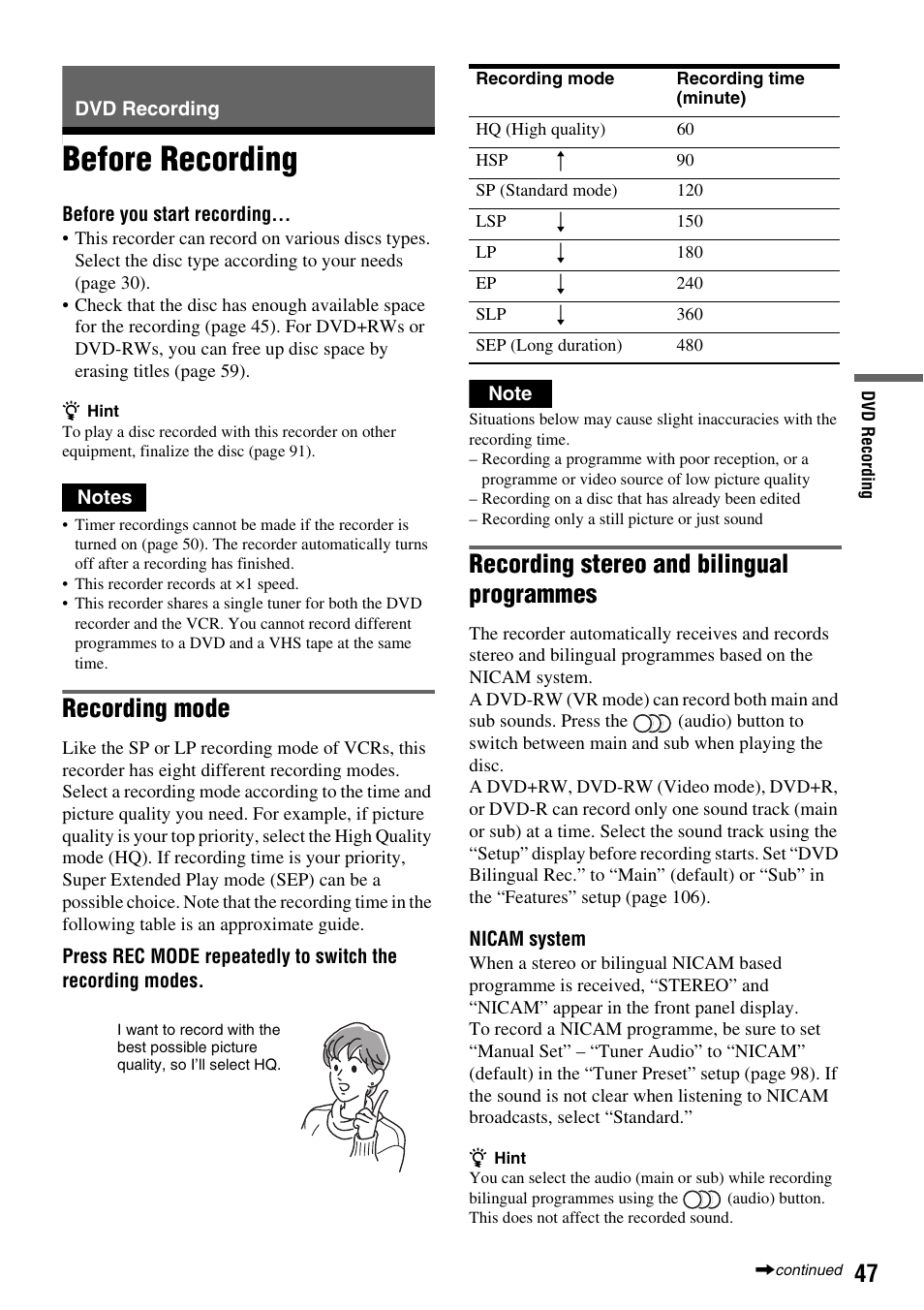 Dvd recording, Before recording, See “before recording | S 47, Recording mode, Recording stereo and bilingual programmes | Sony RDR-VX410 User Manual | Page 47 / 128