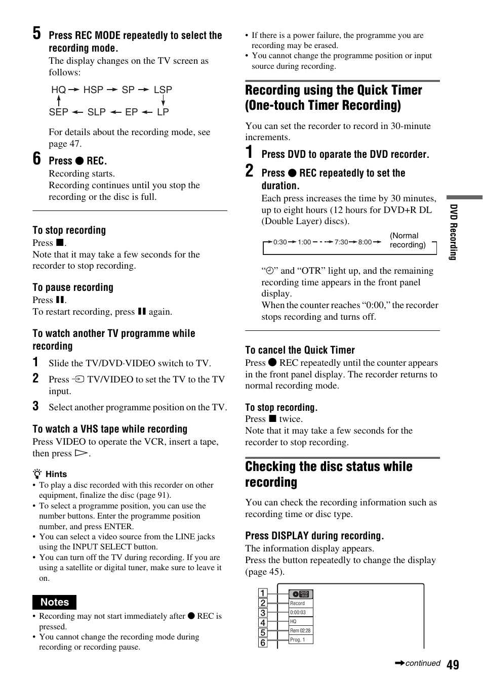 Checking the disc status while recording | Sony RDR-VX410 User Manual | Page 49 / 128