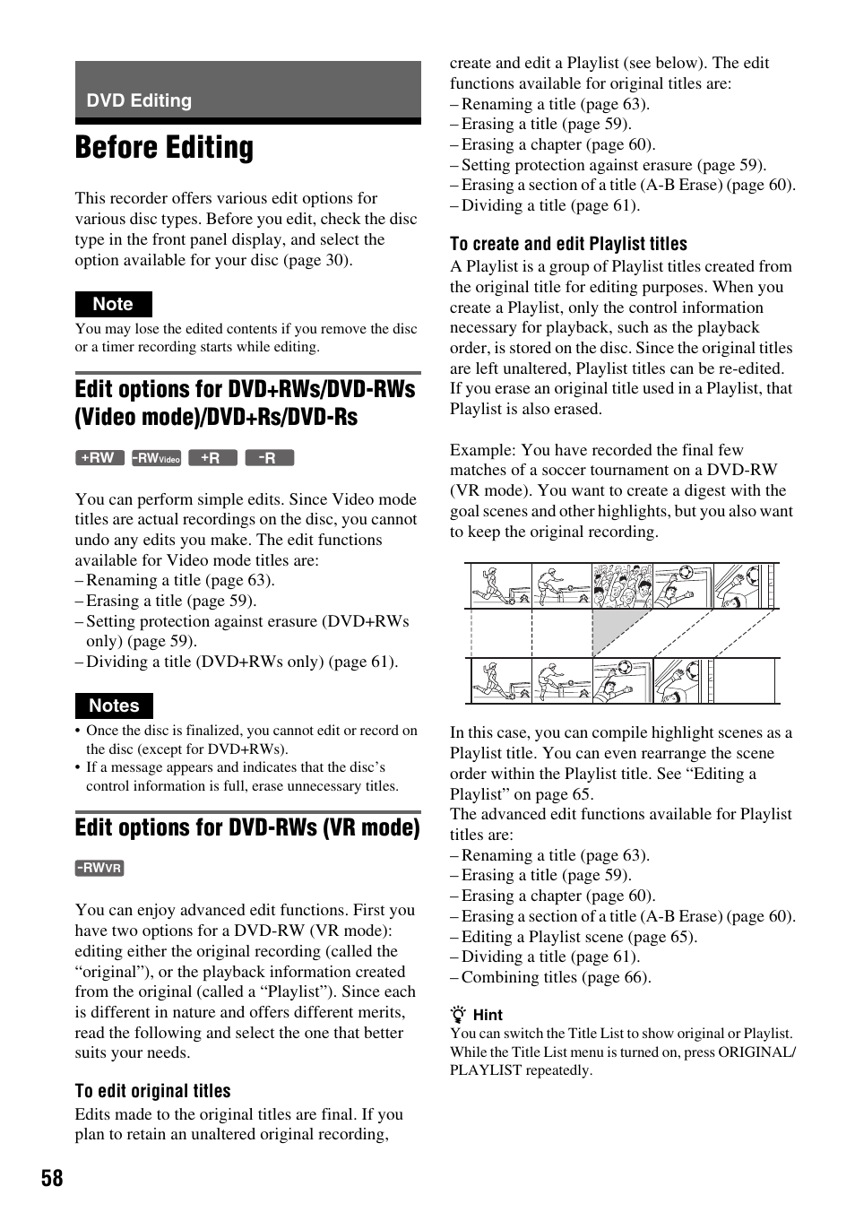 Dvd editing, Before editing, Edit options for dvd-rws (vr mode) | Sony RDR-VX410 User Manual | Page 58 / 128