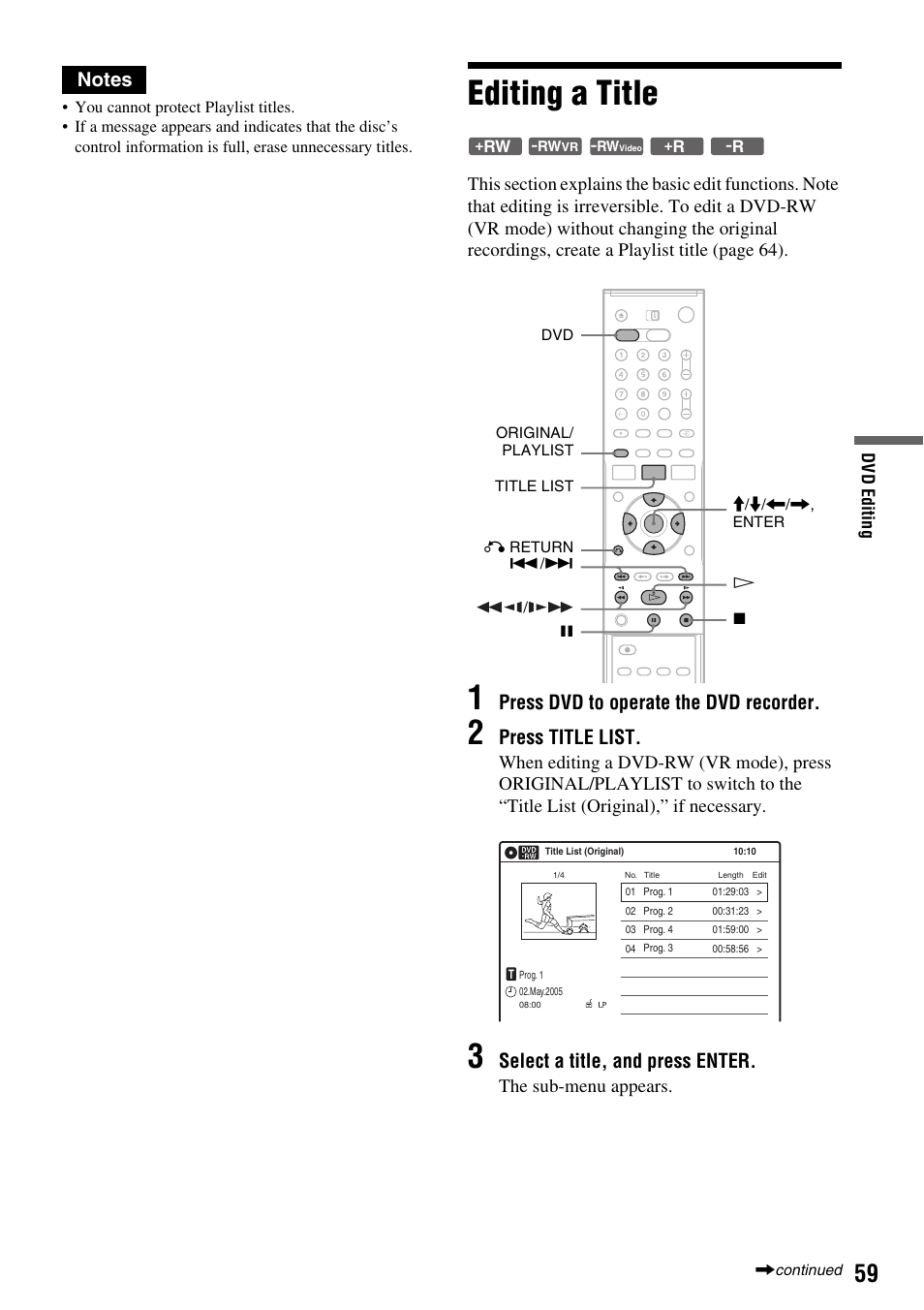 Editing a title, Press dvd to operate the dvd recorder, Press title list | Select a title, and press enter, The sub-menu appears | Sony RDR-VX410 User Manual | Page 59 / 128